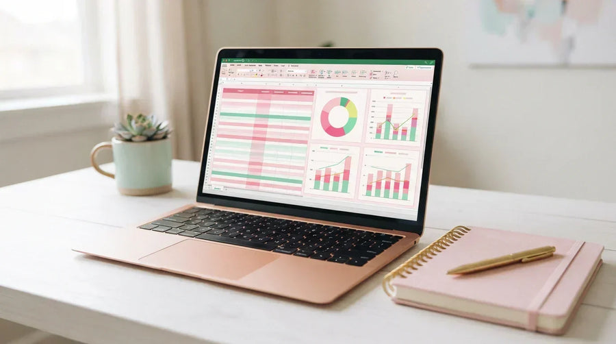 Laptop showing a pink monthly budget spreadsheet in Google Sheets with charts on a tidy desk