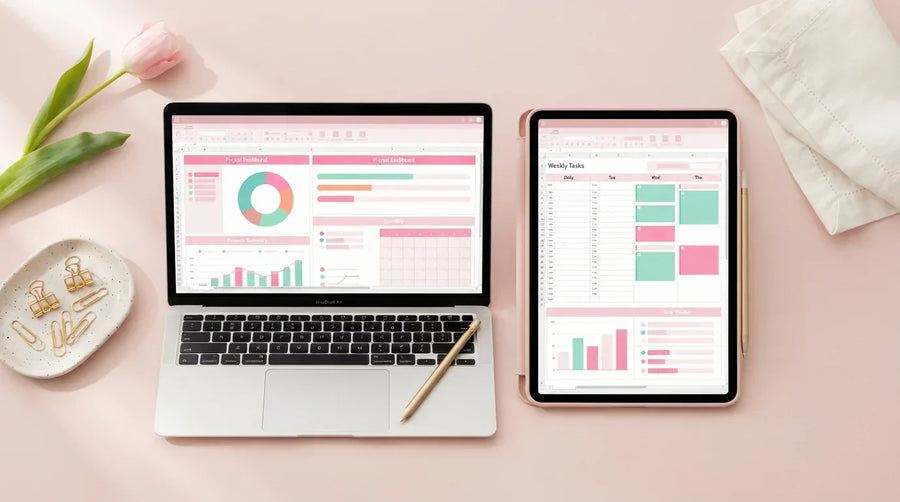 Tablet and laptop displaying pastel budget spreadsheet templates side by side, flat lay