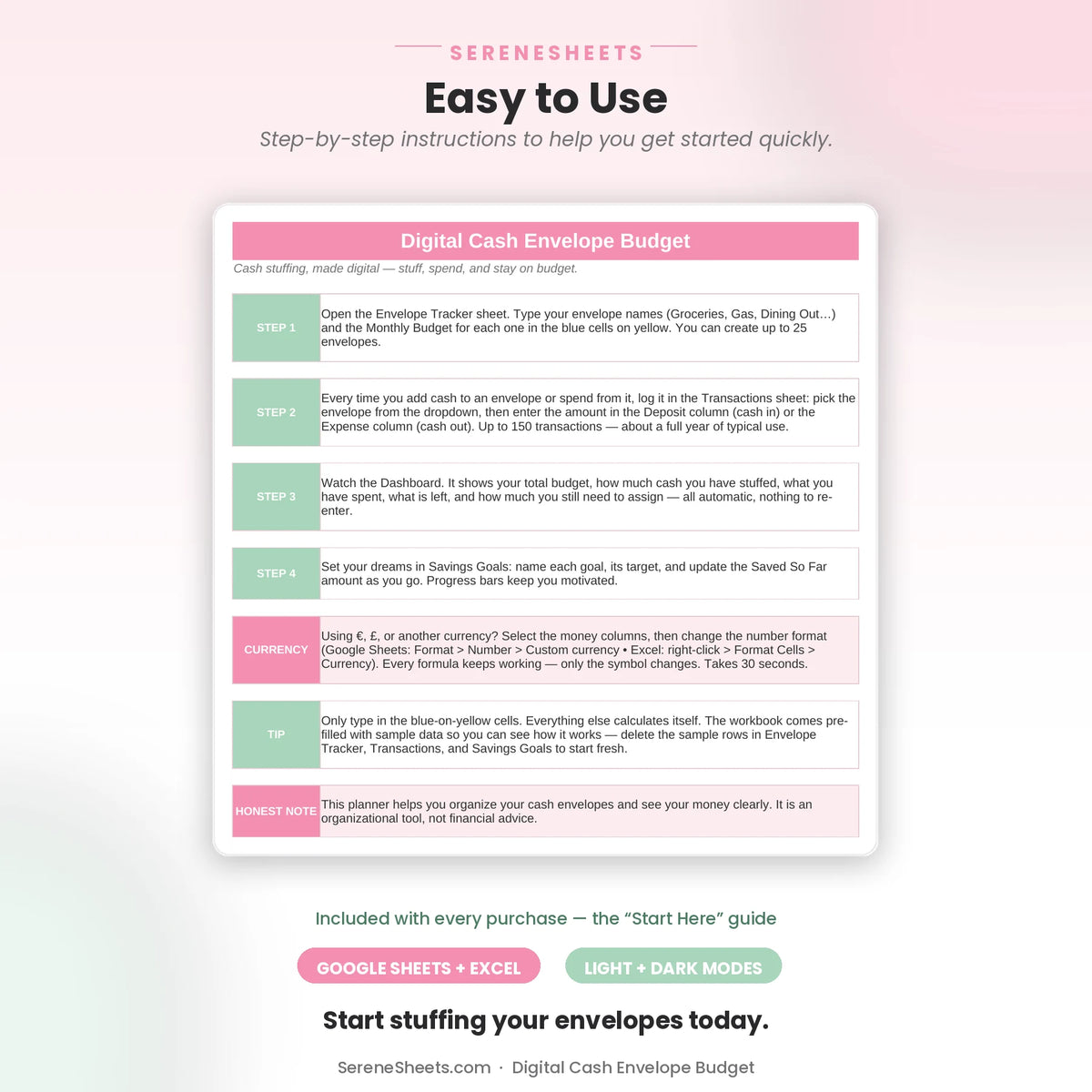 Start Here guide showing four setup steps and a start-stuffing-your-envelopes call to action.