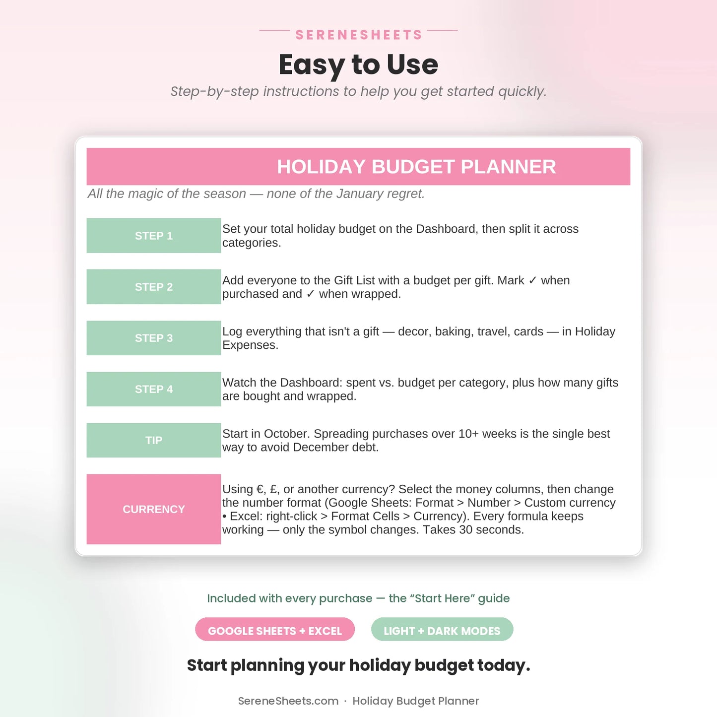 Holiday Budget Planner Start Here guide showing four setup steps, a tip, and a start-planning call to action.