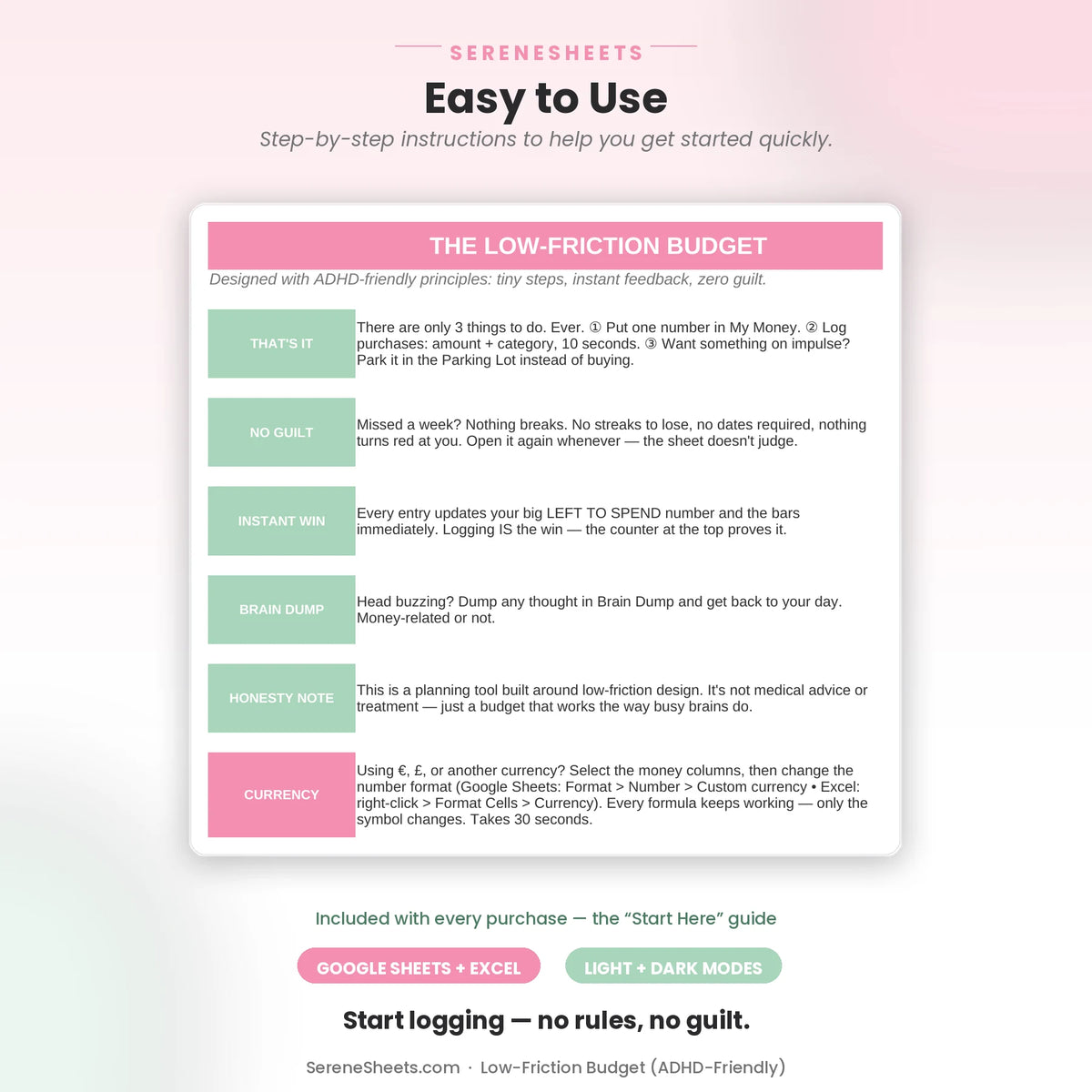 Low-Friction Budget ADHD-Friendly Start Here guide showing five setup steps and a start-logging-no-guilt call to action.