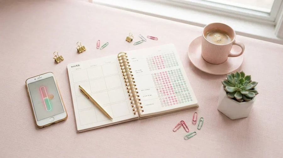 Habit tracker planner with checkboxes, coffee mug and savings progress on phone — money habits flat lay