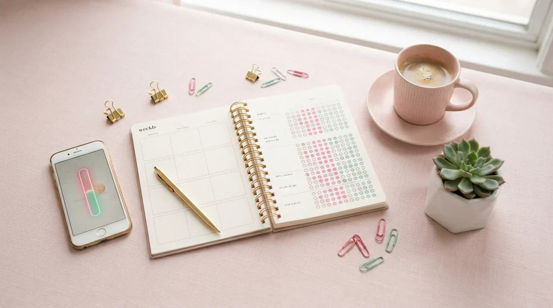 Habit tracker planner with checkboxes, coffee mug and savings progress on phone — money habits flat lay