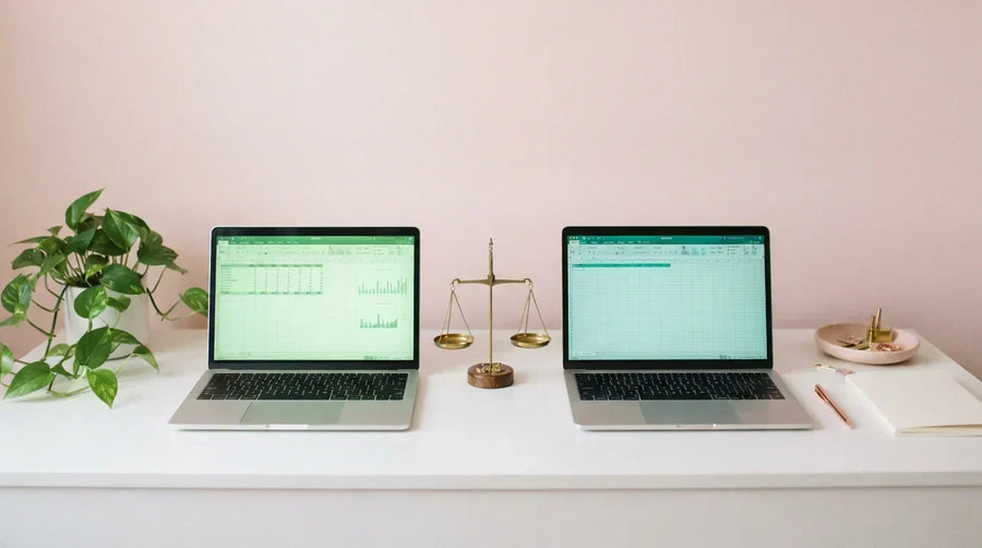 Two laptops facing each other with spreadsheet screens and a balance scale — Google Sheets vs Excel for budgeting