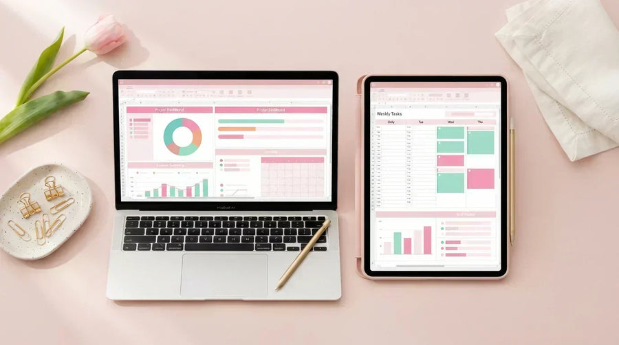 Tablet and laptop displaying pastel budget spreadsheet templates side by side, flat lay