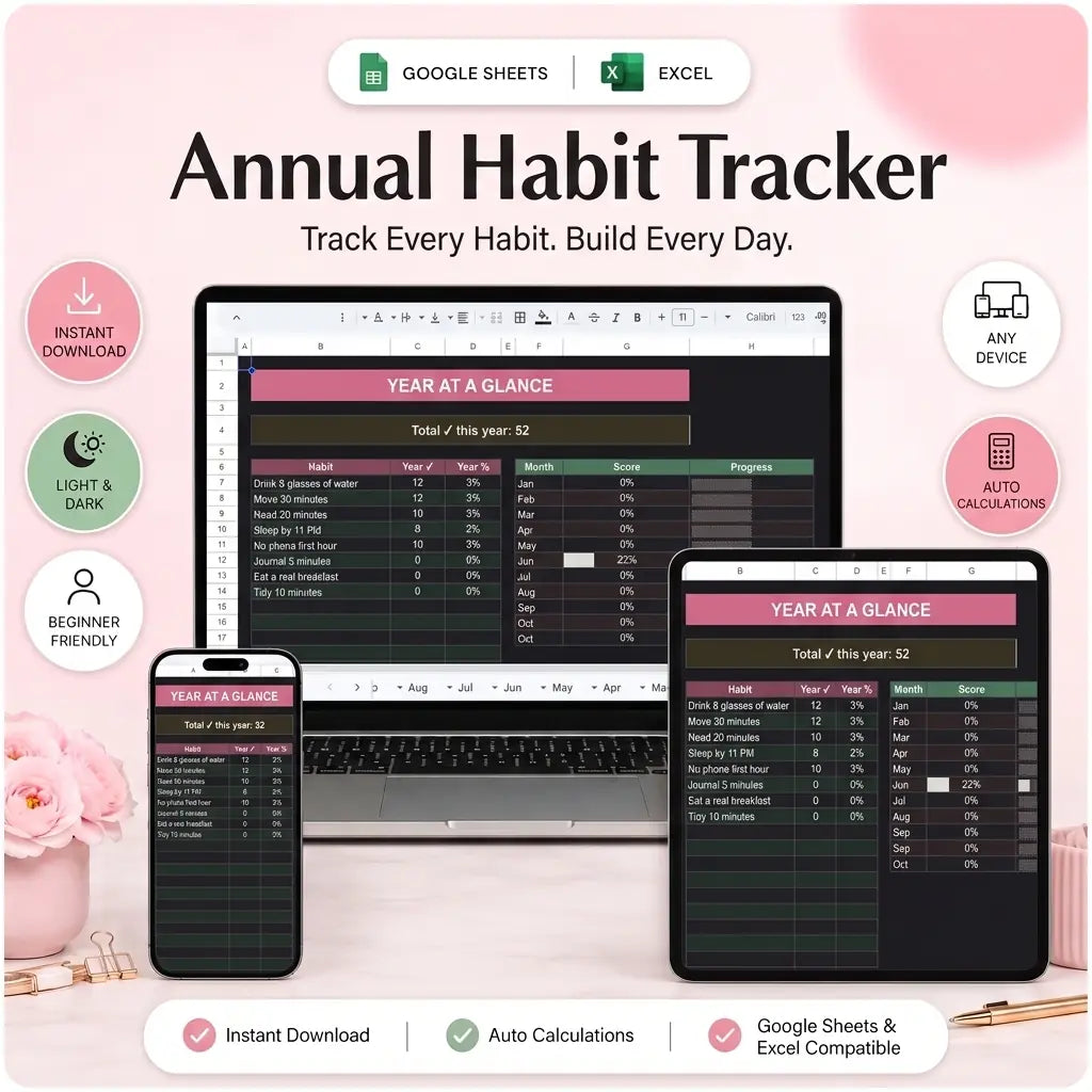 SereneSheets Annual Habit Tracker cover showing the Dashboard tab in dark mode with a year-at-a-glance per-habit and per-month completion view across laptop, tablet, and phone screens