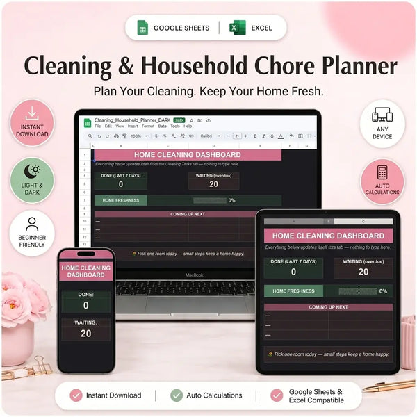 SereneSheets Cleaning & Household Chore Planner Dashboard tab, dark mode, on multiple devices