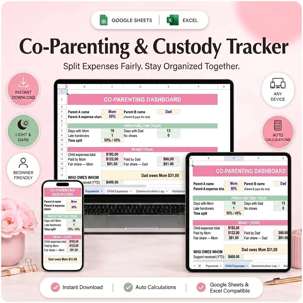 SereneSheets Co-Parenting & Custody Tracker cover showing the Dashboard tab in light mode with parent names, expense share, and settle-up summary across laptop, tablet, and phone screens