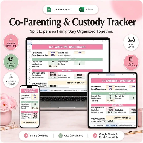 SereneSheets Co-Parenting & Custody Tracker cover showing the Dashboard tab in light mode with parent names, expense share, and settle-up summary across laptop, tablet, and phone screens