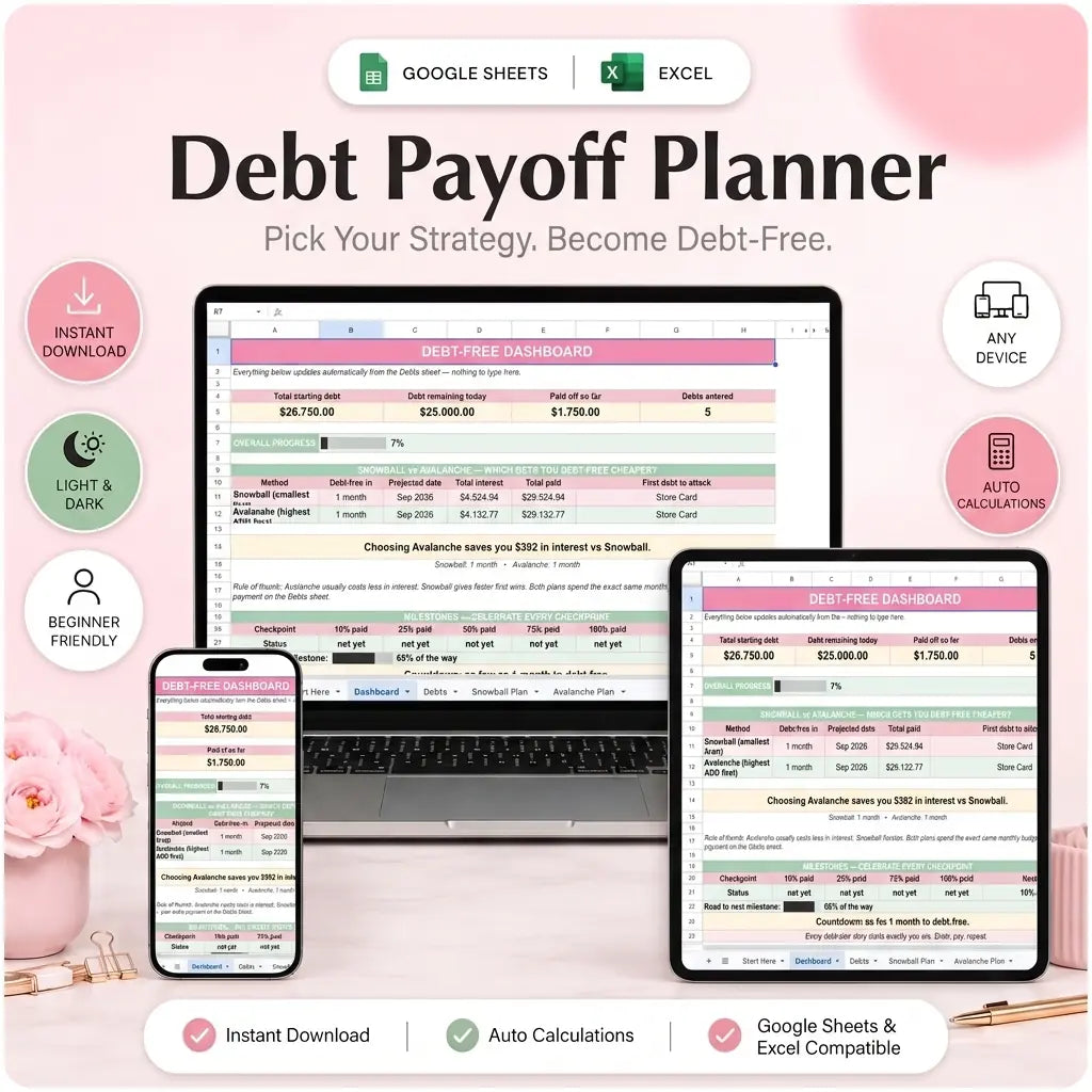 SereneSheets Debt Payoff Planner cover showing the Dashboard tab in dark mode comparing Snowball vs Avalanche projected payoff dates and total interest across laptop, tablet, and phone screens