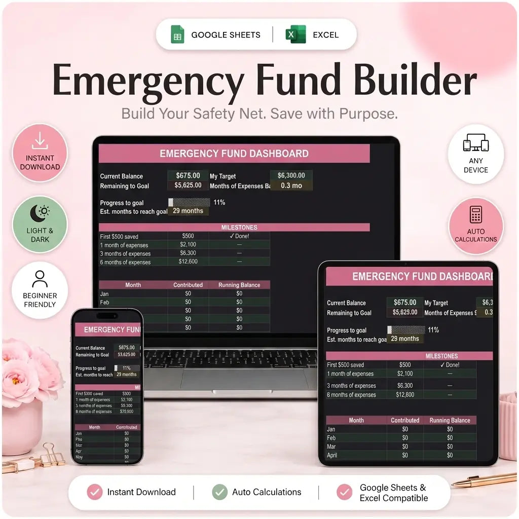 SereneSheets Emergency Fund Builder cover showing the Dashboard tab in dark mode with current balance, target, months of expenses banked, and milestones across laptop, tablet, and phone screens