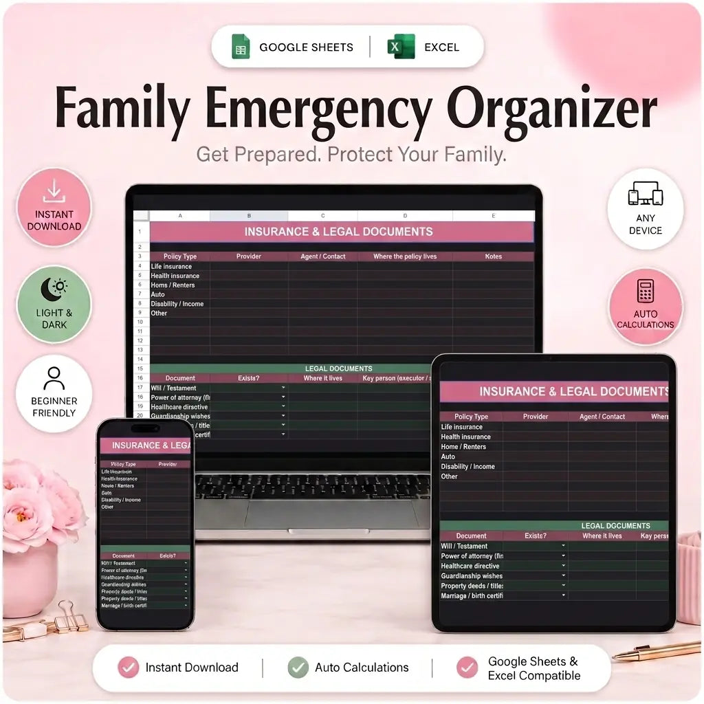 SereneSheets Family Emergency Organizer cover showing the Insurance & Legal tab in dark mode with provider, contact, and policy location fields, across laptop, tablet, and phone screens