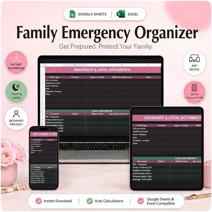 SereneSheets Family Emergency Organizer cover showing the Insurance & Legal tab in dark mode with provider, contact, and policy location fields, across laptop, tablet, and phone screens