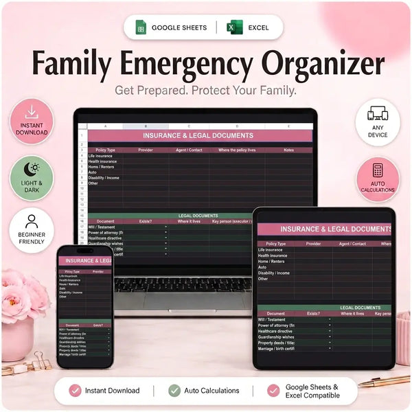 SereneSheets Family Emergency Organizer cover showing the Insurance & Legal tab in dark mode with provider, contact, and policy location fields, across laptop, tablet, and phone screens