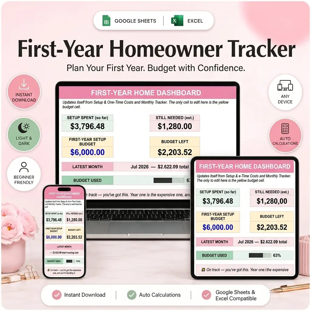 SereneSheets First-Year Homeowner Tracker Dashboard tab, light mode, on multiple devices