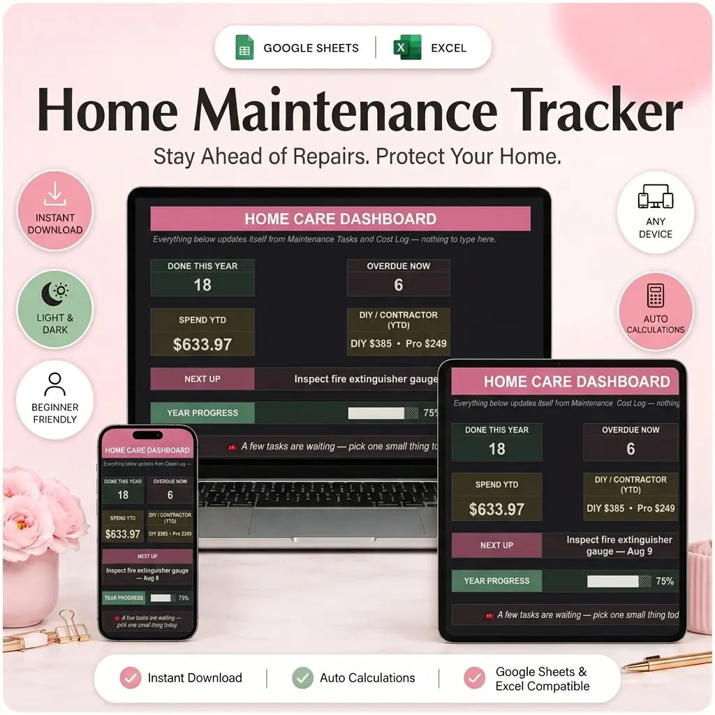 SereneSheets Home Maintenance Tracker cover showing the Dashboard tab in dark mode with tasks done this year, overdue count, spend YTD, and DIY vs contractor split across laptop, tablet, and phone screens