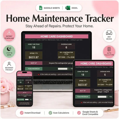 SereneSheets Home Maintenance Tracker cover showing the Dashboard tab in dark mode with tasks done this year, overdue count, spend YTD, and DIY vs contractor split across laptop, tablet, and phone screens