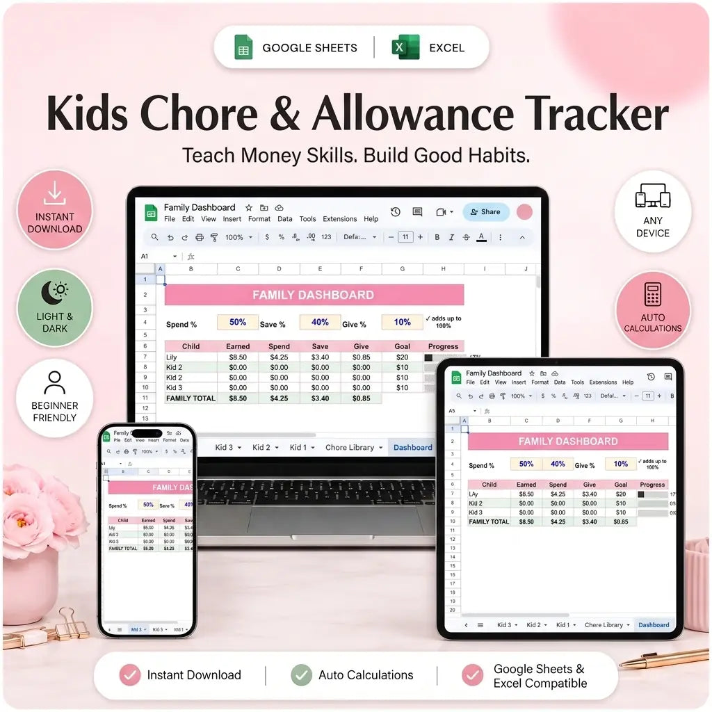 SereneSheets Kids Chore & Allowance Tracker cover showing the Dashboard tab in light mode with family jar split percentages and per-child earnings summary across laptop, tablet, and phone screens