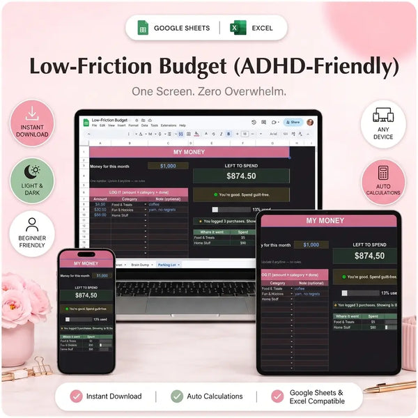 SereneSheets Low-Friction Budget (ADHD-Friendly) cover showing the My Money tab in dark mode with a single-screen money view and live status message across laptop, tablet, and phone screens