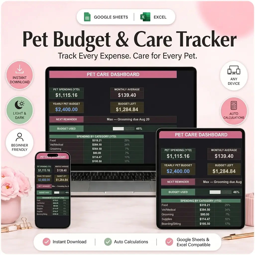 SereneSheets Pet Budget & Care Tracker Dashboard tab, dark mode, on multiple devices