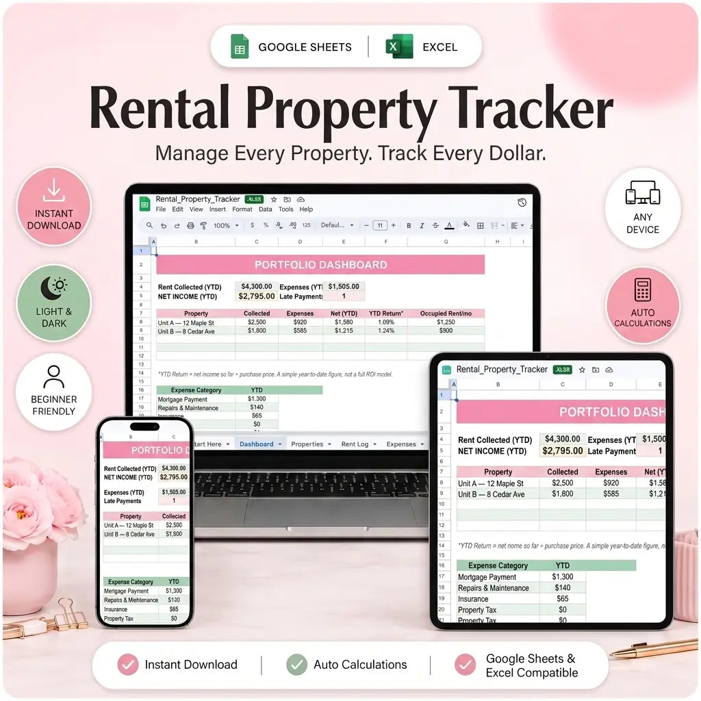 SereneSheets Rental Property Tracker cover showing the Dashboard tab in light mode with portfolio-wide rent collected, expenses, net income, and late payments across laptop, tablet, and phone screens