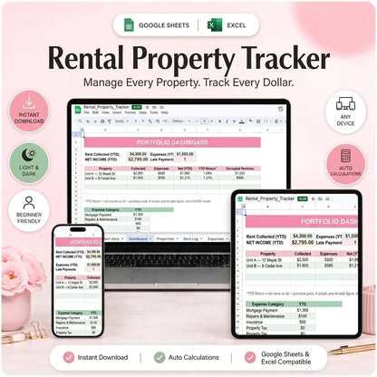 SereneSheets Rental Property Tracker cover showing the Dashboard tab in light mode with portfolio-wide rent collected, expenses, net income, and late payments across laptop, tablet, and phone screens