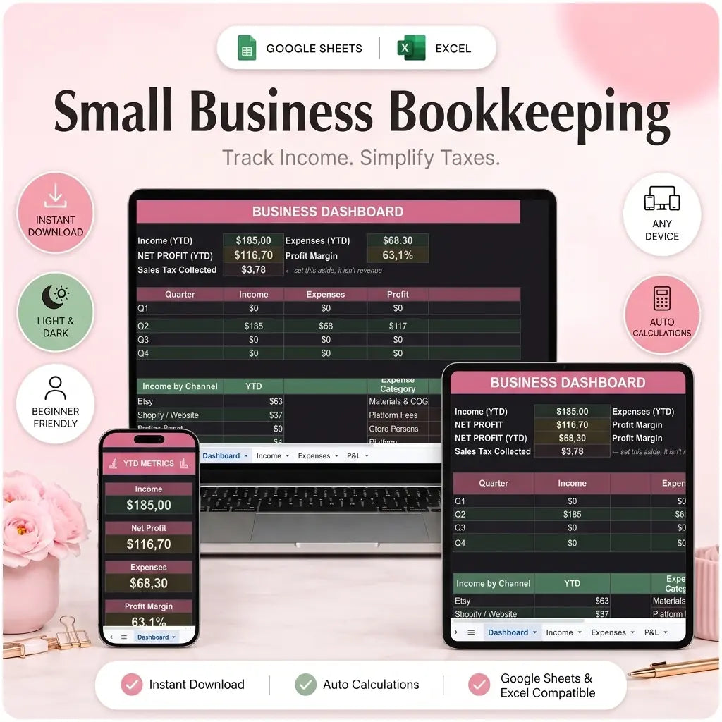 The cover of the SereneSheets small business accounting application displays a dashboard tab in dark mode with details of quarterly revenues, expenses, and profits on laptop, tablet, and phone screens.