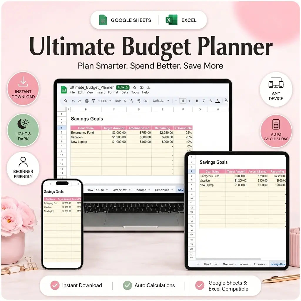 SereneSheets Ultimate Budget Planner Savings Goals tab, light mode, on multiple devices