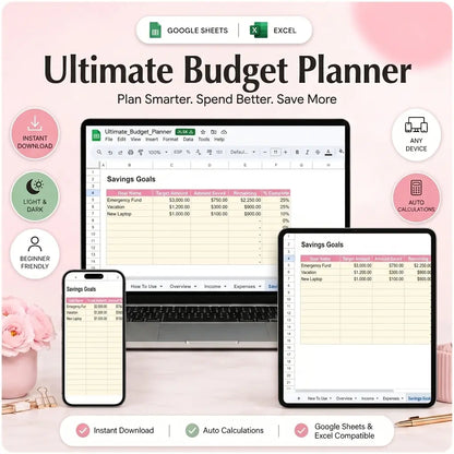 SereneSheets Ultimate Budget Planner Savings Goals tab, light mode, on multiple devices