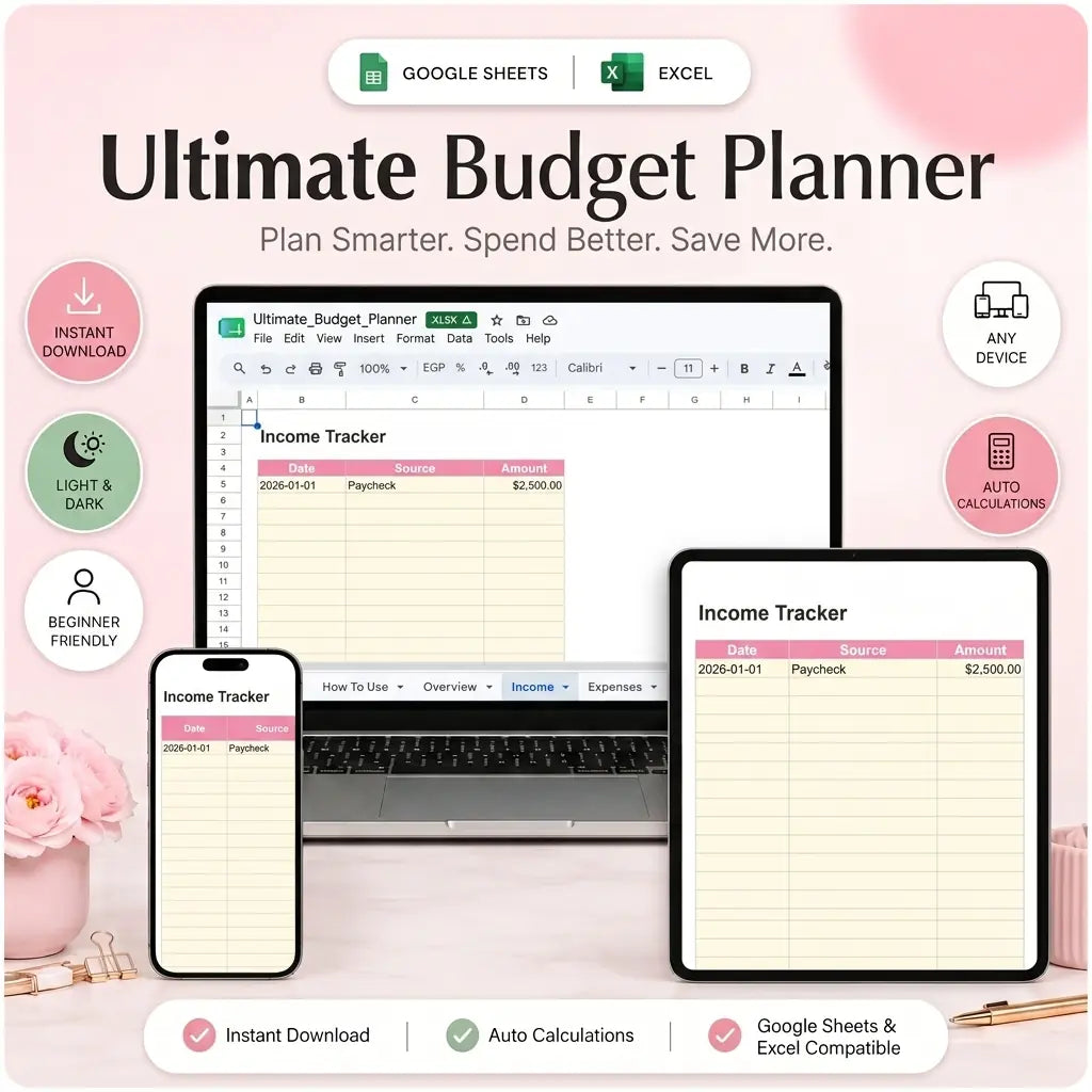 SereneSheets Ultimate Budget Planner Income tab, light mode, on multiple devices