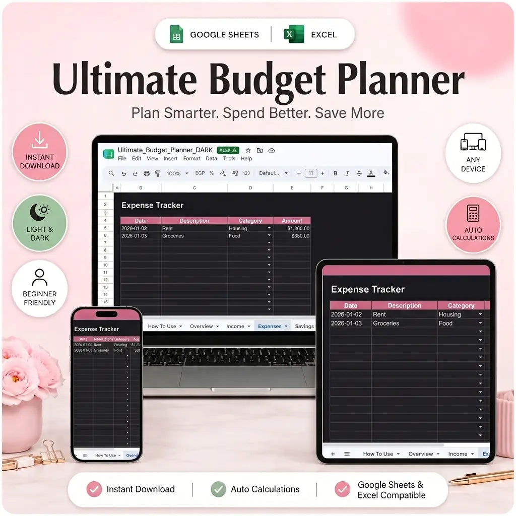 SereneSheets Ultimate Budget Planner Expenses tab, dark mode, on multiple devices