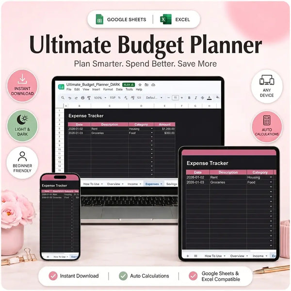 SereneSheets Ultimate Budget Planner Expenses tab, dark mode, on multiple devices