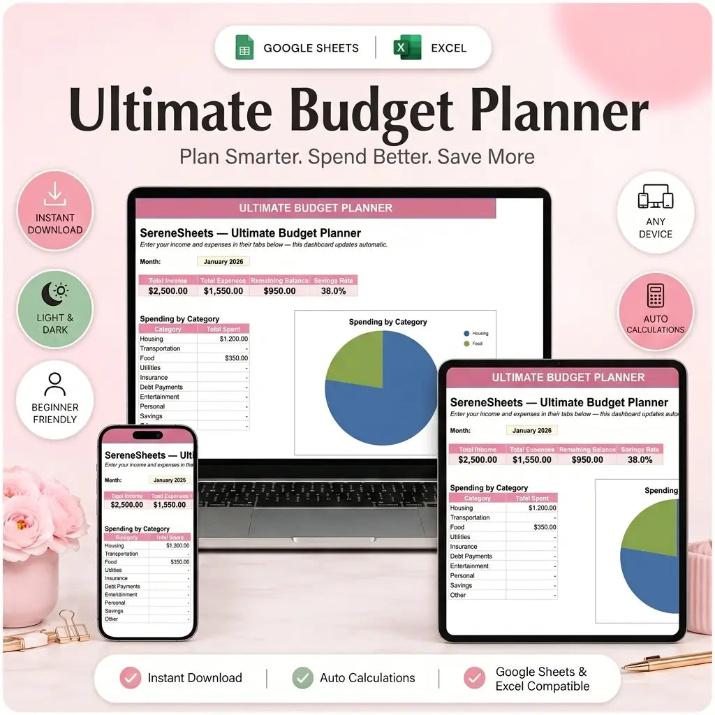 SereneSheets Ultimate Budget Planner Overview tab, light mode, on multiple devices