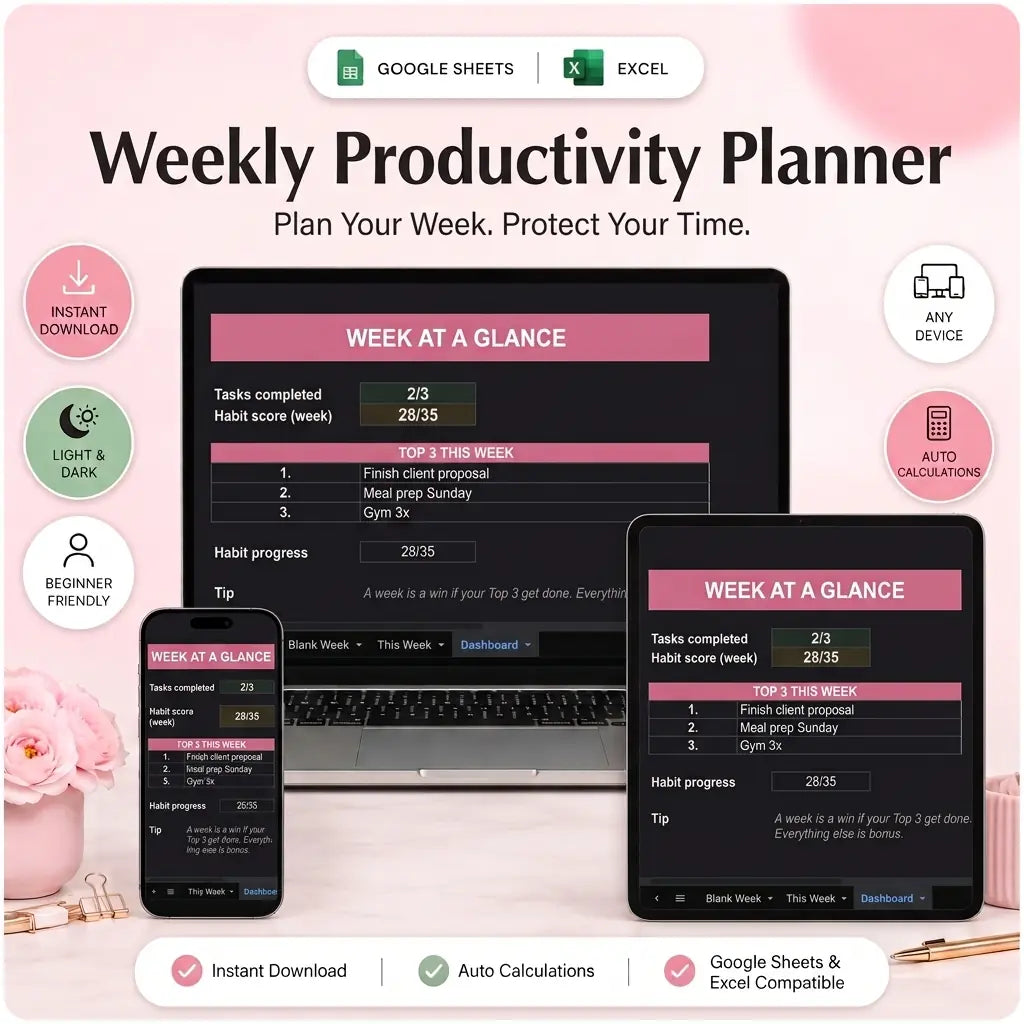 SereneSheets Weekly Productivity Planner cover showing the Dashboard tab in dark mode with tasks completed, habit score, and top 3 priorities for the week across laptop, tablet, and phone screens