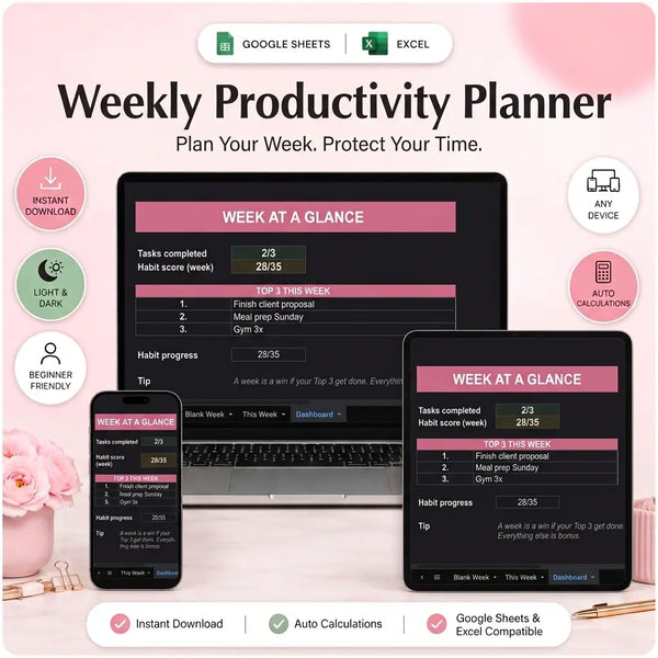 SereneSheets Weekly Productivity Planner cover showing the Dashboard tab in dark mode with tasks completed, habit score, and top 3 priorities for the week across laptop, tablet, and phone screens