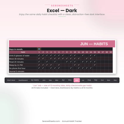 Annual Habit Tracker June tab in Excel dark mode with the same daily habit checklist and a clean interface.