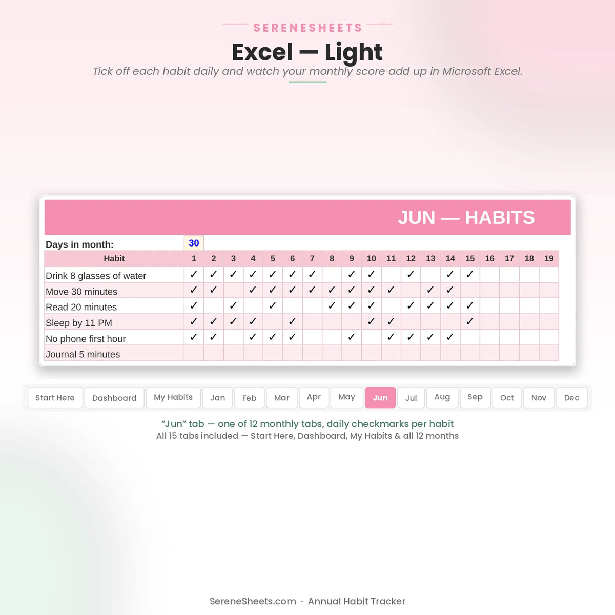 Annual Habit Tracker June tab in Excel light mode showing daily checkmarks for each habit across the month.