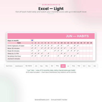 Annual Habit Tracker June tab in Excel light mode showing daily checkmarks for each habit across the month.