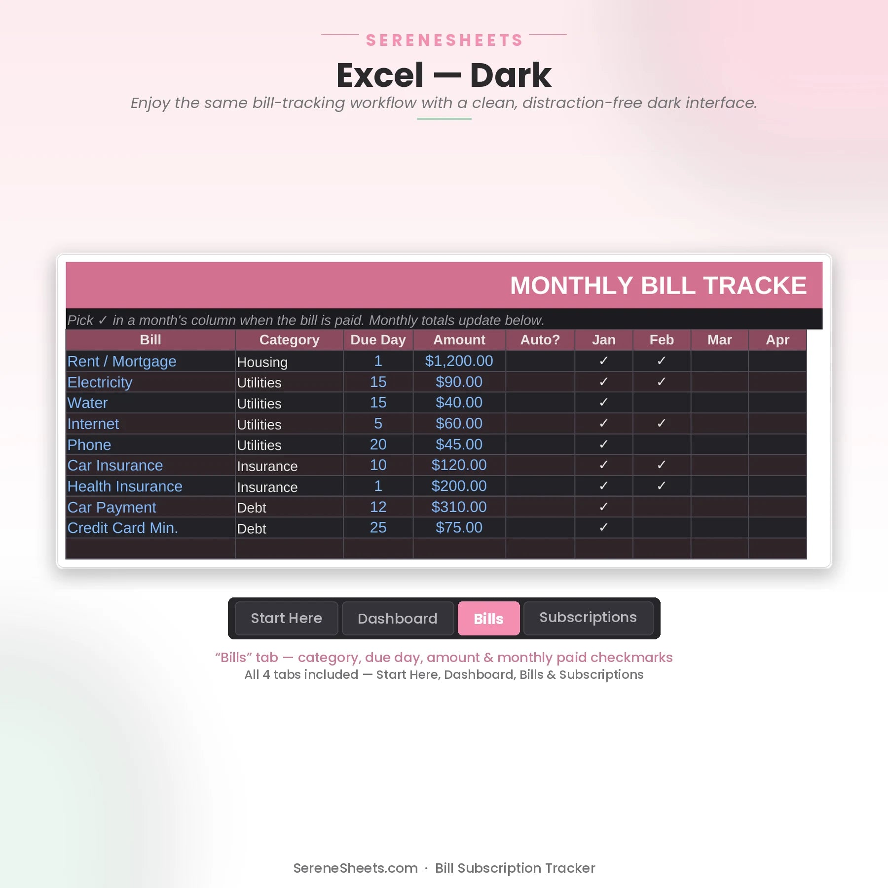 Bill Subscription Tracker Bills tab in Excel dark mode showing the same bill checklist with a clean dark interface.