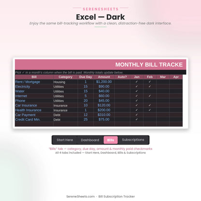 Bill Subscription Tracker Bills tab in Excel dark mode showing the same bill checklist with a clean dark interface.