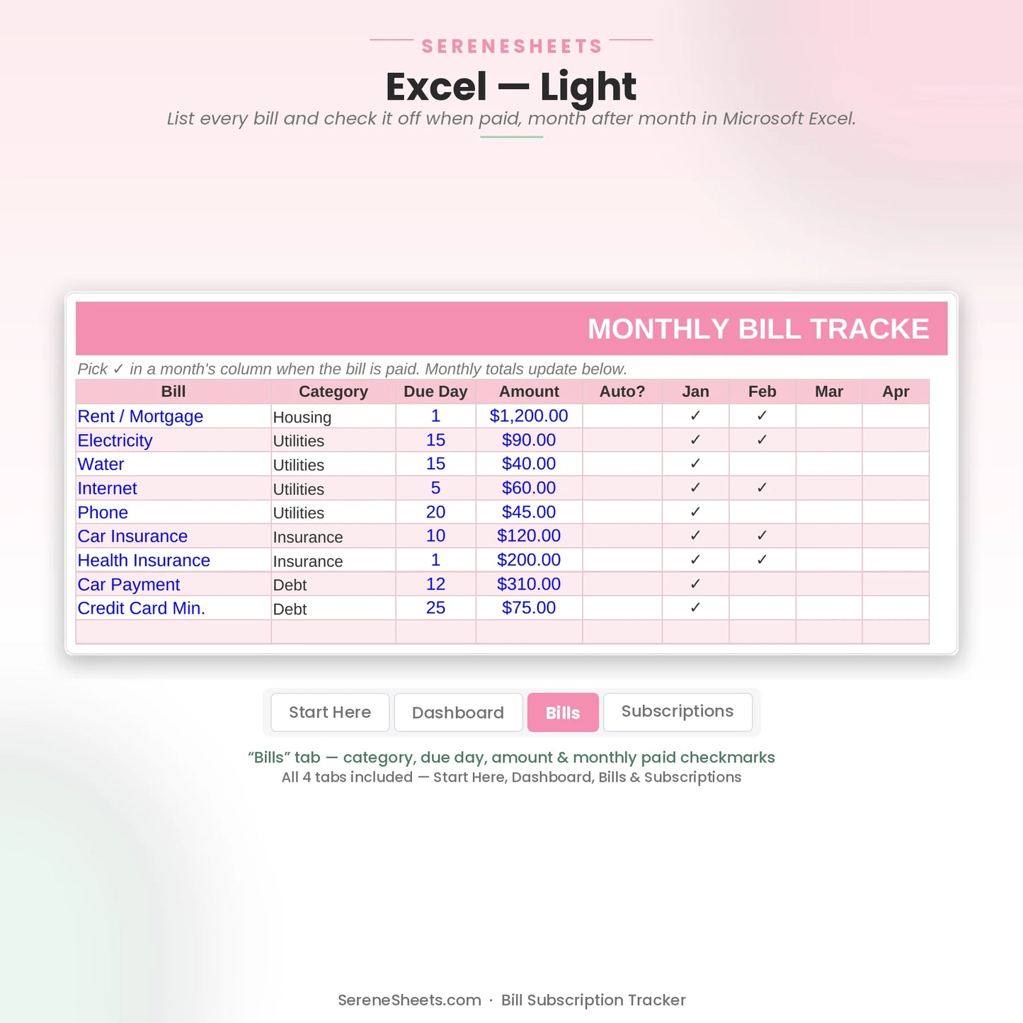 Bill Subscription Tracker Bills tab in Excel light mode listing bills with category, due day, amount and monthly checkmarks.