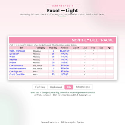 Bill Subscription Tracker Bills tab in Excel light mode listing bills with category, due day, amount and monthly checkmarks.