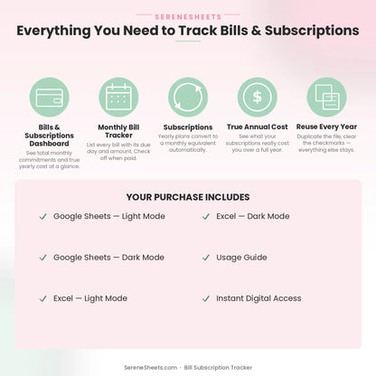 Bill Subscription Tracker feature overview: Dashboard, Monthly Bill Tracker, Subscriptions, True Annual Cost and Reuse Every Year.