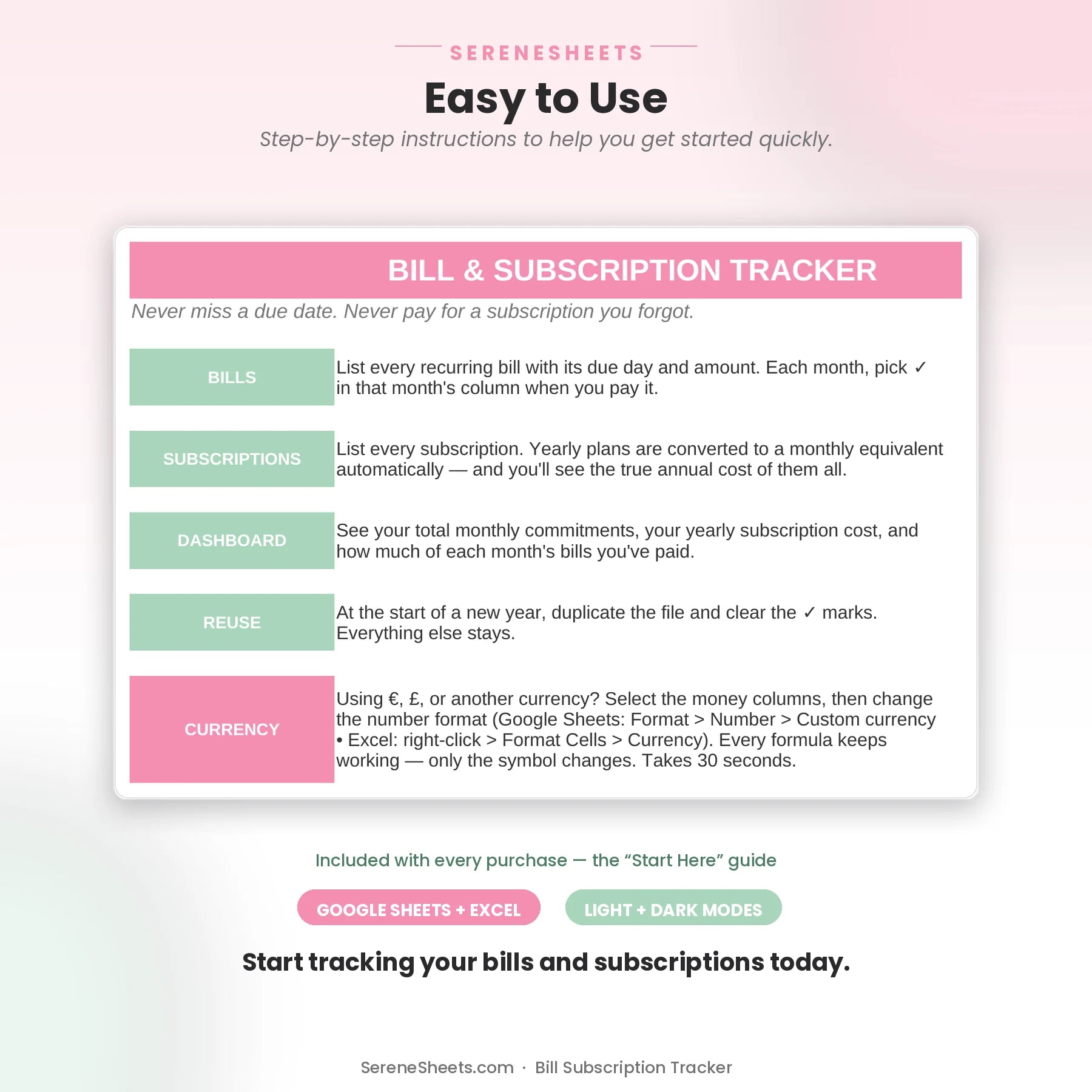 Bill Subscription Tracker Start Here guide showing four setup sections and a start-tracking call to action.