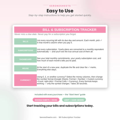 Bill Subscription Tracker Start Here guide showing four setup sections and a start-tracking call to action.