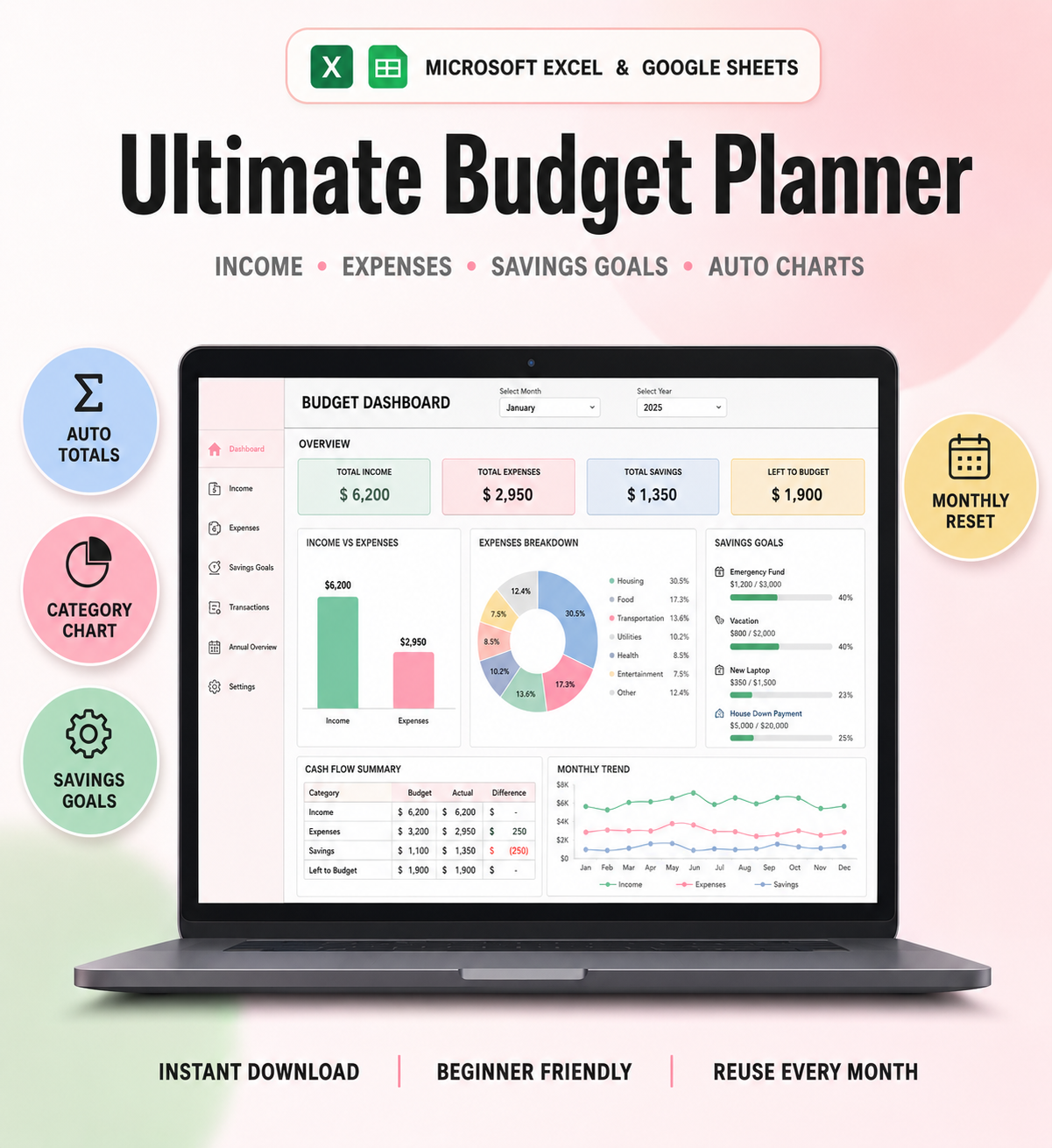 Ultimate Budget Planner — Monthly Budget Template for Google Sheets & Excel