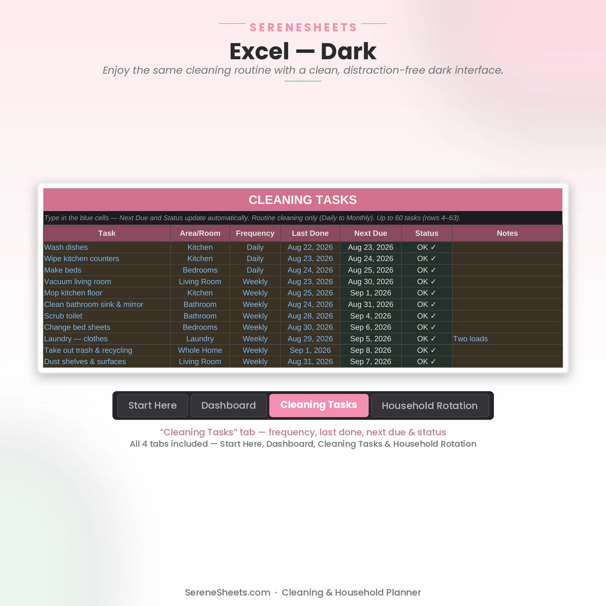 Cleaning & Household Planner Cleaning Tasks tab in Excel dark mode showing the same task list with a clean dark interface.