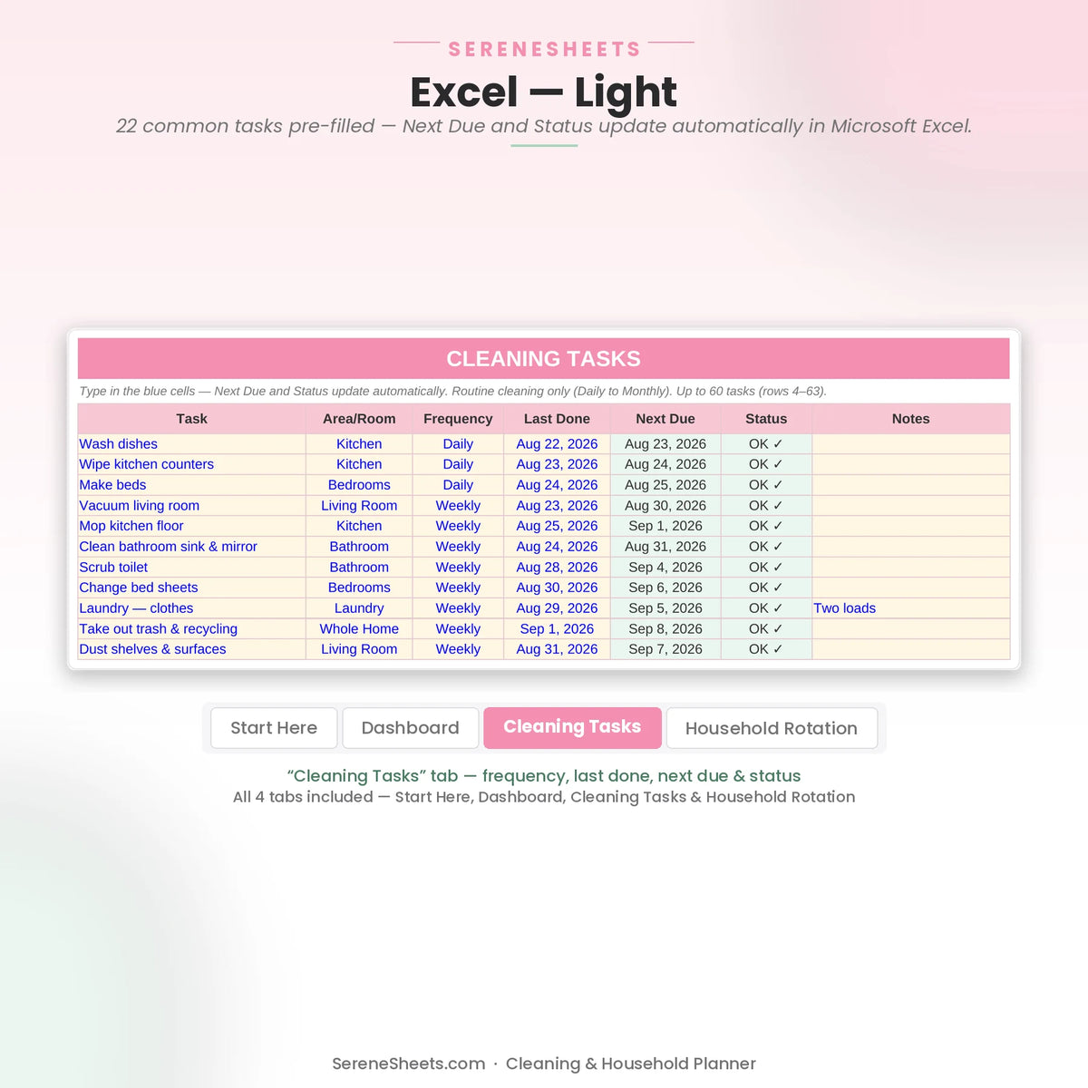 Cleaning & Household Planner Cleaning Tasks tab in Excel light mode showing frequency, last done, next due and status.