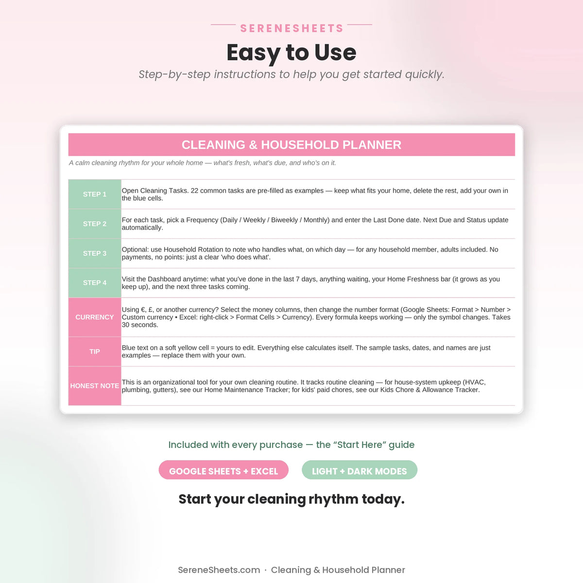 Cleaning & Household Planner Start Here guide showing four setup steps and a start-your-cleaning-rhythm call to action.