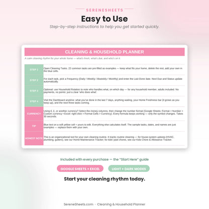 Cleaning & Household Planner Start Here guide showing four setup steps and a start-your-cleaning-rhythm call to action.